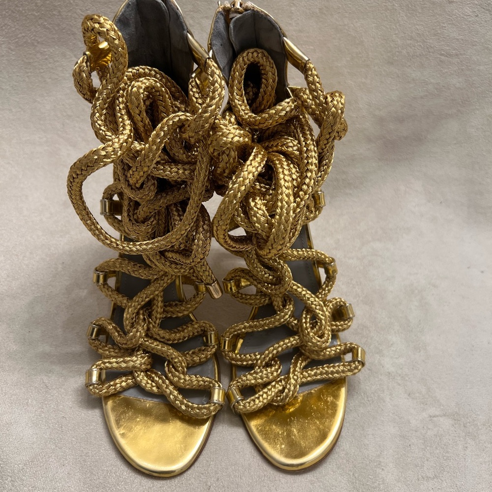 Monika Chiang Metallic Gold Braided Lace-Up Stiletto Sandal
